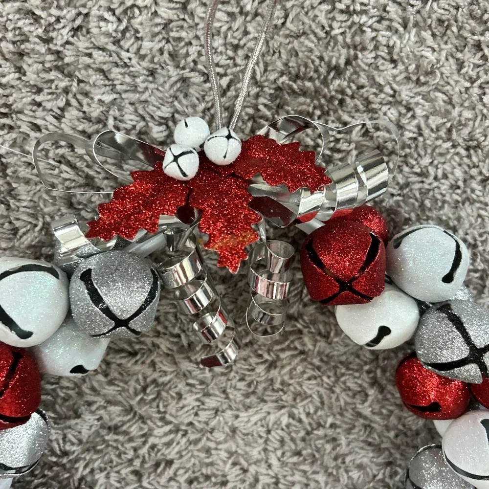 Christmas Jingle Bell Wreath Red Silver White Glitter Holiday Decor heavy duty‎